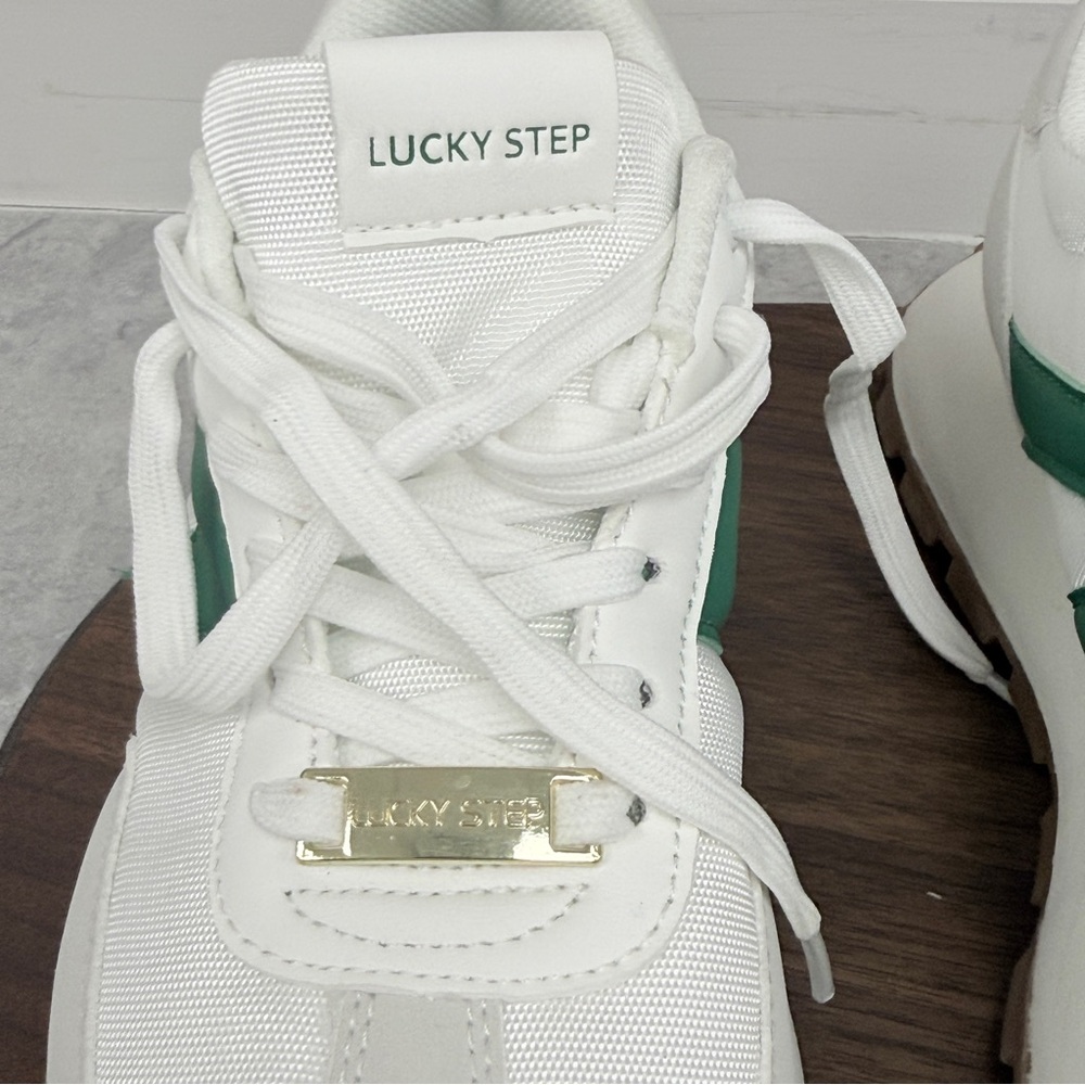 Lucky Step White Green Retro Sneakers Women’s Size‎ 9 Vegan Comfort Lace Up - Picture 10 of 15